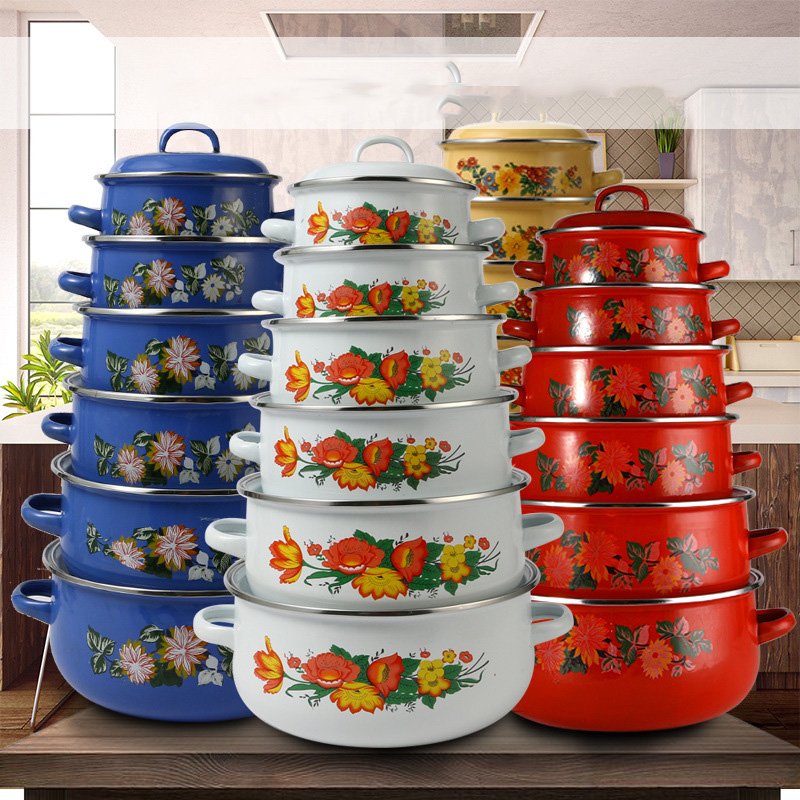 12 PCS Chinese Style Enameled Saucepan With Lid Two Ears Household Enamel Saucepan Food Warmer With Custom Decal Cookware Sets