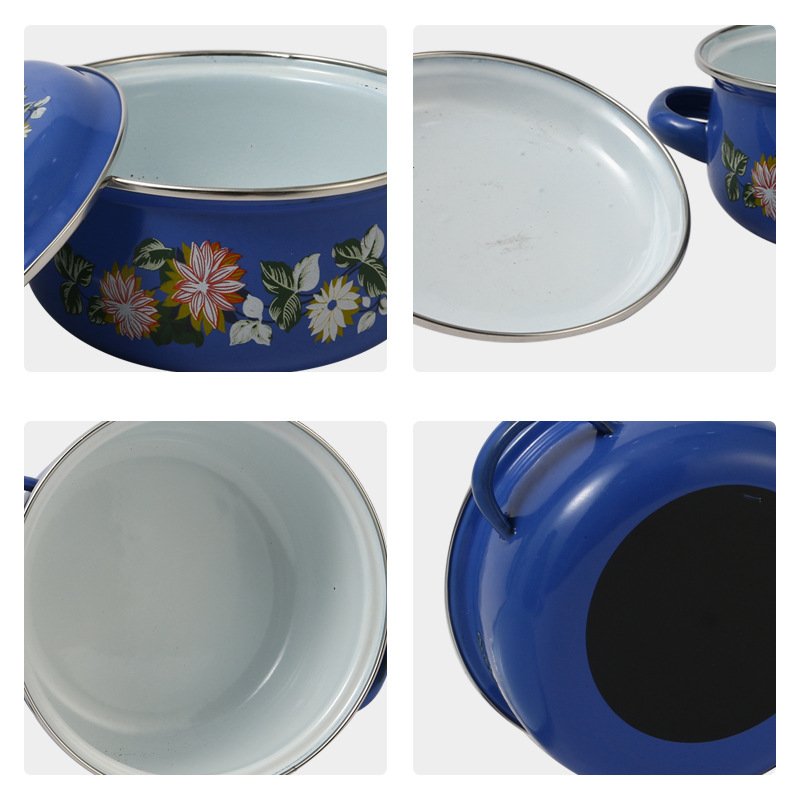12 PCS Chinese Style Enameled Saucepan With Lid Two Ears Household Enamel Saucepan Food Warmer With Custom Decal Cookware Sets