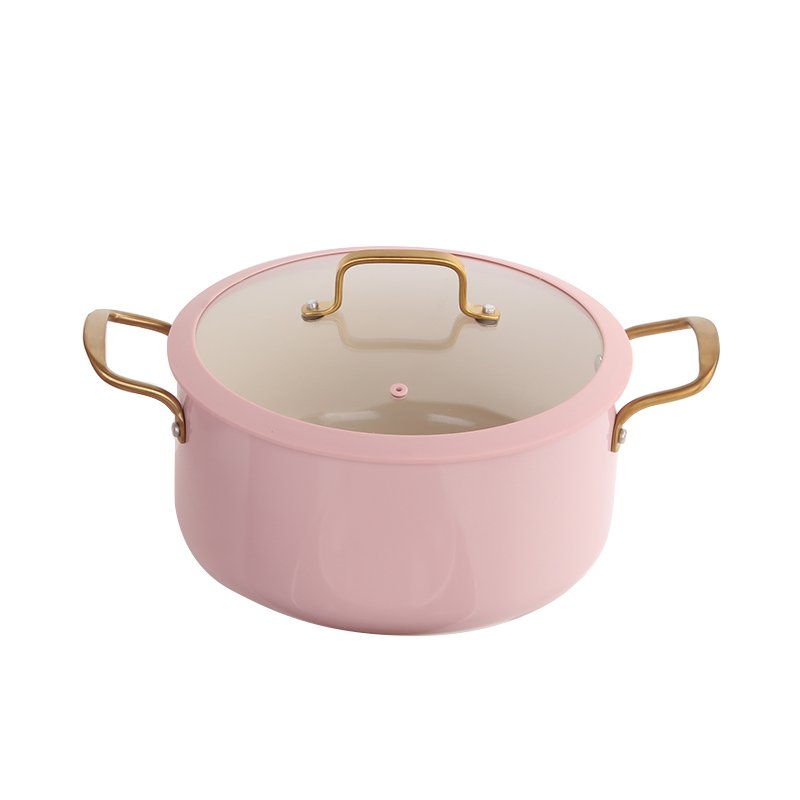Cookware Set-Pressed Aluminium Saucepan with lid glass cover with silicon rim Non-stick Cookware Set Ceramic coating Pink color