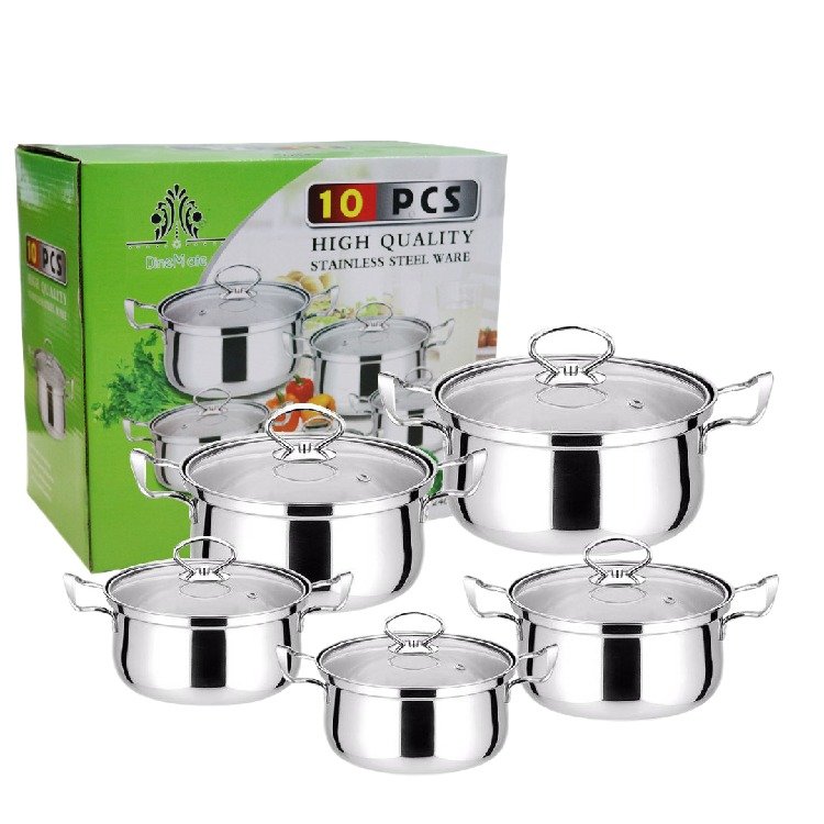10Piece Set Stainless Steel Cookware Set kitchenware with Glass Lids 16 to 24cm big cooking pot for Kitchen 304 Grade Quality