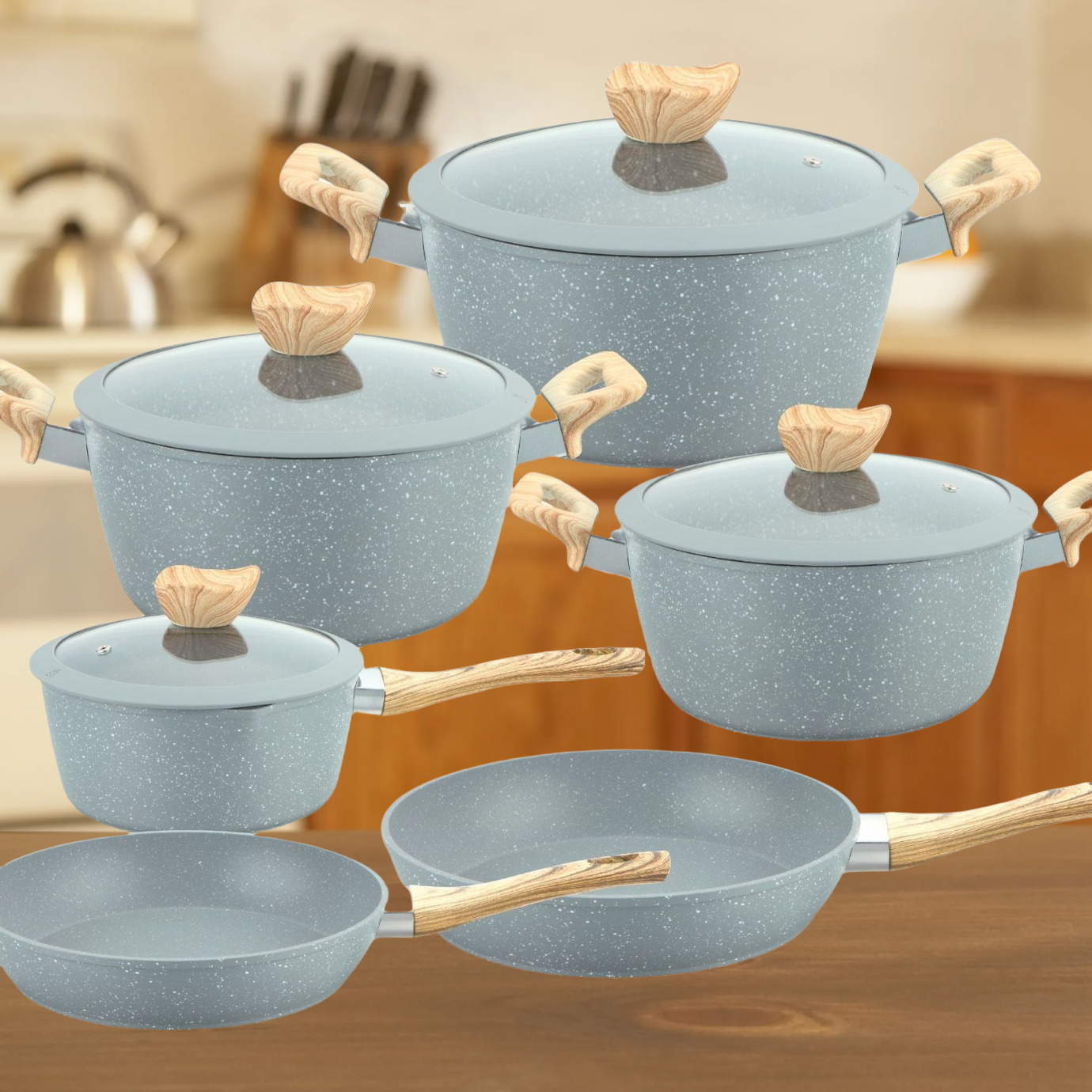 New 6 pcs non stick aluminum cookware set pots and pans frying pan set with wooden handle