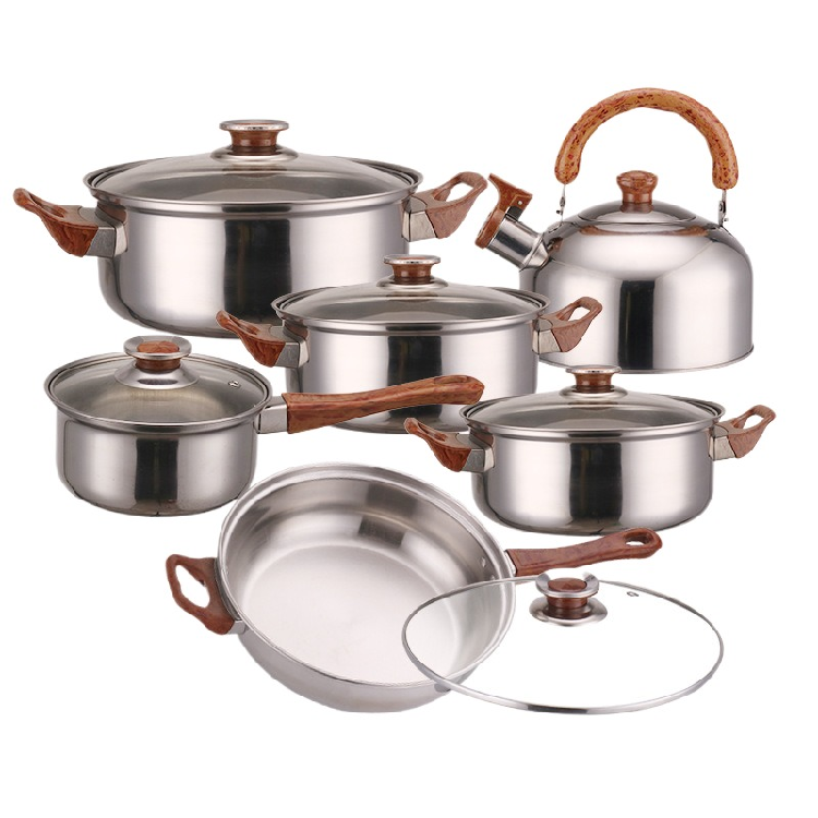 12pcs Stainless Steel Cookware Set with Wood Grain Handle Pot Water Kettle Milk Pot Soup Pot Frying Pan Cooking Utensil Set
