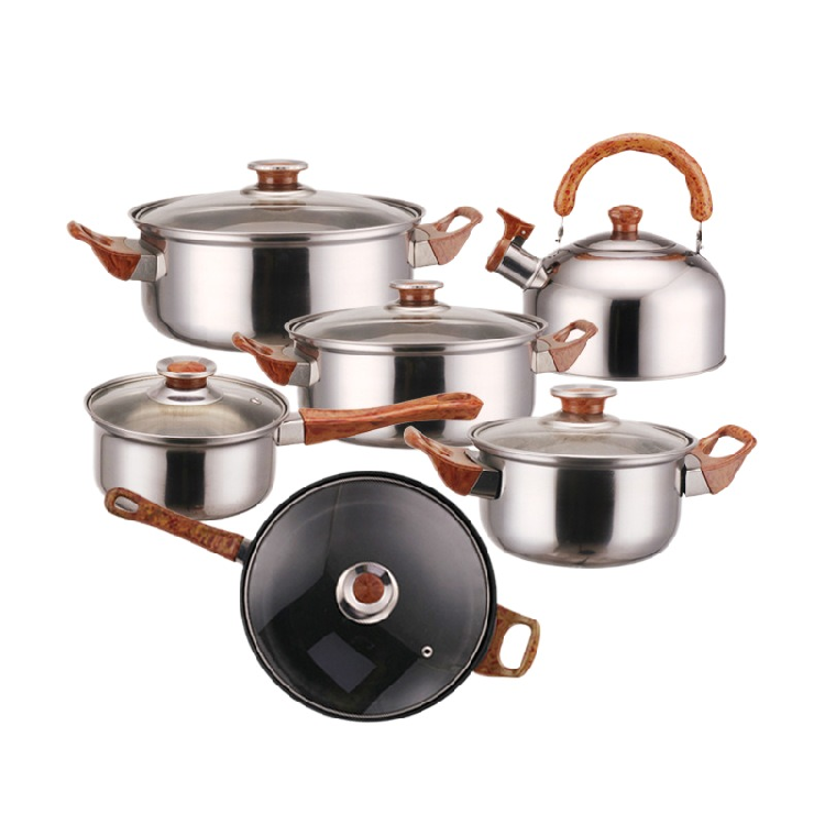 12pcs Stainless Steel Cookware Set with Wood Grain Handle Pot Water Kettle Milk Pot Soup Pot Frying Pan Cooking Utensil Set