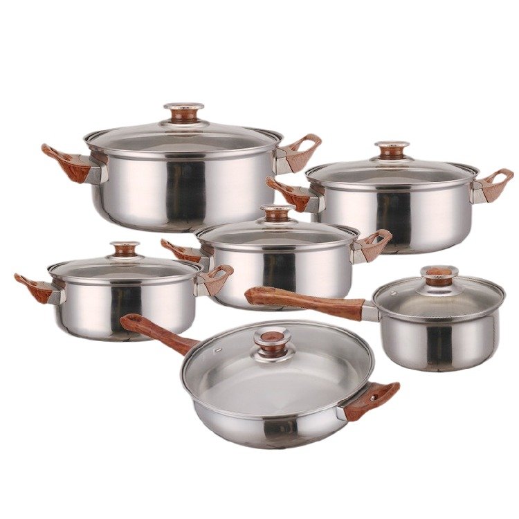 12pcs Stainless Steel Cookware Set with Wood Grain Handle Pot Water Kettle Milk Pot Soup Pot Frying Pan Cooking Utensil Set