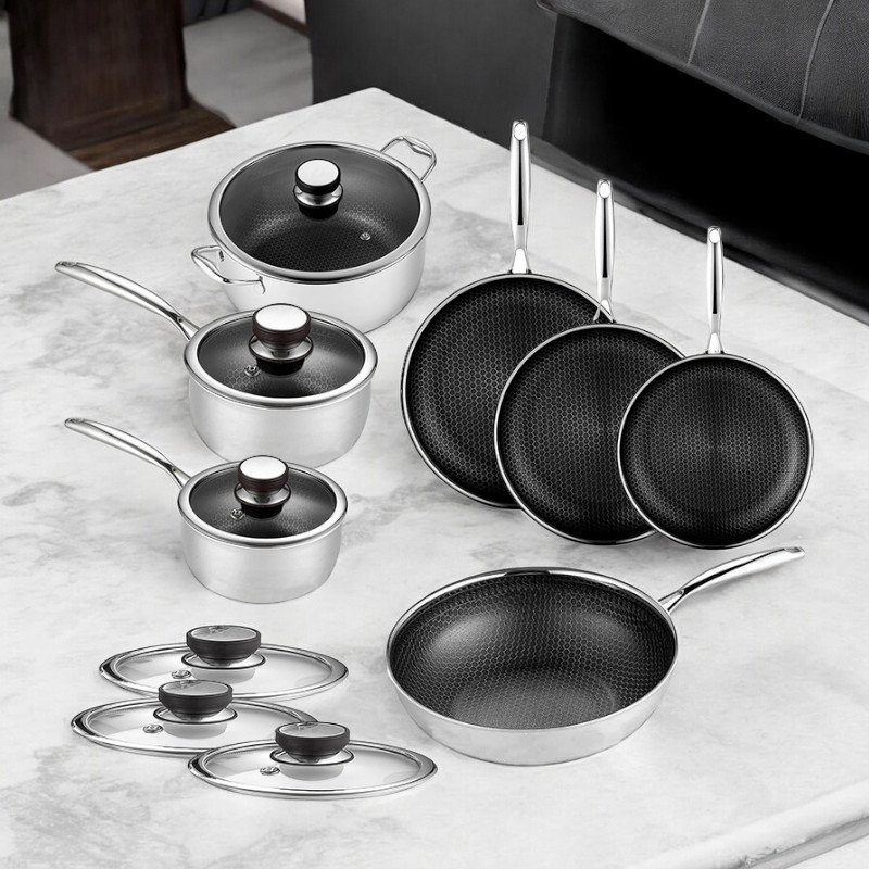 13 pc HexClad Hybrid Cookware Set w/ Lids Stainless Steel Wok Kitchenware 3-ply Stainless Steel Honeycomb Non Stick Cookware Set