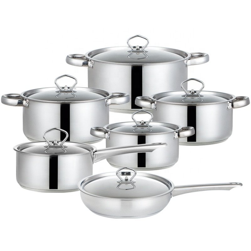 Wholesale 15pcs stainless steel soup pot kitchen utensils pan and flat bottom pot spatula cookware set
