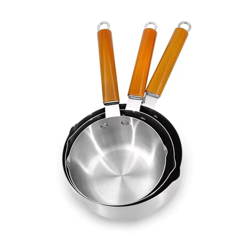 Hot Sale Stainless steel Cookware Sets with Wooden Handle Snow Pan Stock Pot Noodles Pot Milk pot with Lid