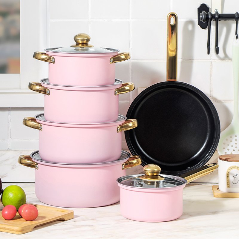 Fast Shipment 12-Piece Stainless Steel Pots Non-Stick Cookware Set Includes Frying Pan Pink Casseroles and Soup Stock Pots