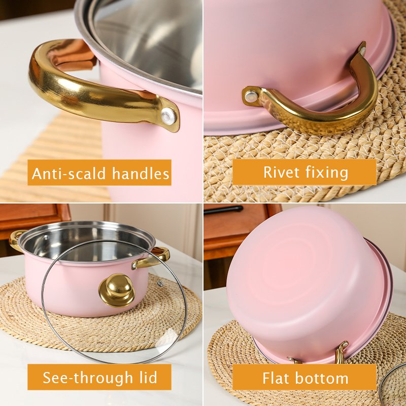 Fast Shipment 12-Piece Stainless Steel Pots Non-Stick Cookware Set Includes Frying Pan Pink Casseroles and Soup Stock Pots