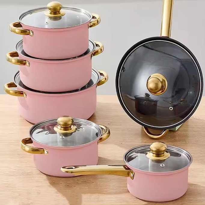 Fast Shipment 12-Piece Stainless Steel Pots Non-Stick Cookware Set Includes Frying Pan Pink Casseroles and Soup Stock Pots