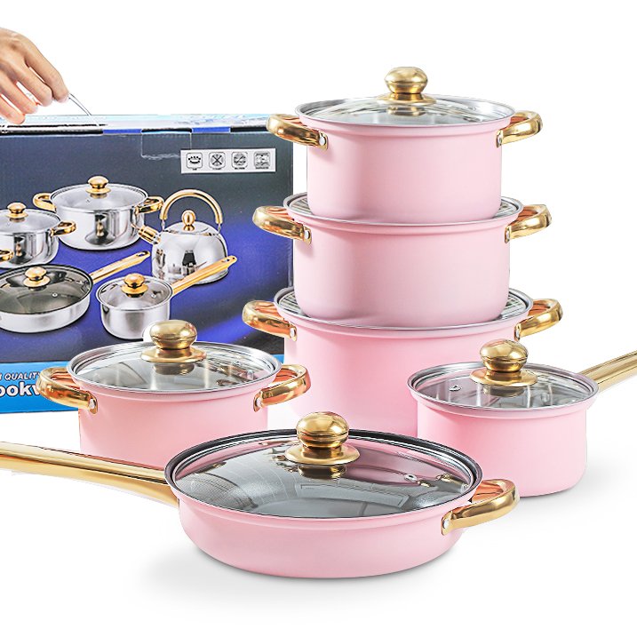 Fast Shipment 12-Piece Stainless Steel Pots Non-Stick Cookware Set Includes Frying Pan Pink Casseroles and Soup Stock Pots