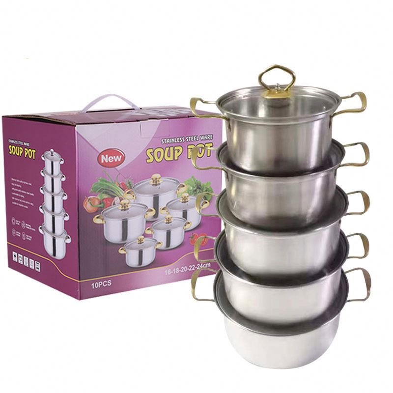 High quality 10 Pcs Wholesale Kitchen Ware Stock Pot Stainless Steel Cooking milk and soup Pot Cookware Set