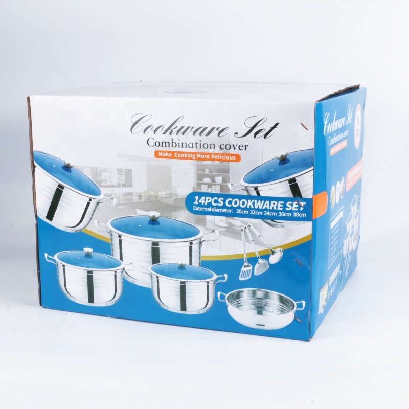 Hot Products Trending 14PCS Stainless Steel Cookware set With Blue Lid Cooking Pot