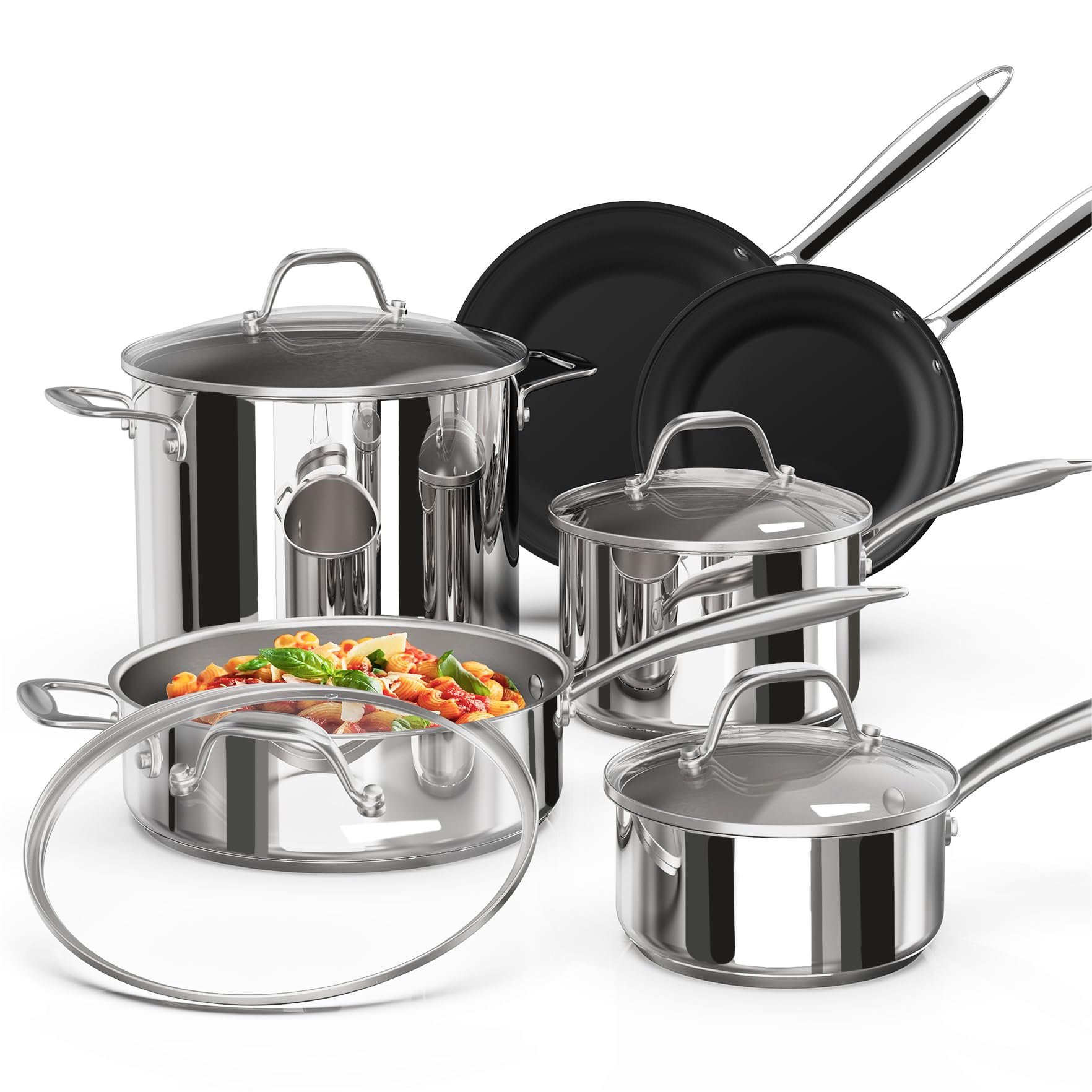 10 Piece Kitchen Cookware Set Stainless Steel Pots and Pans Set with Nonstick Frying Pans and Glass Lids