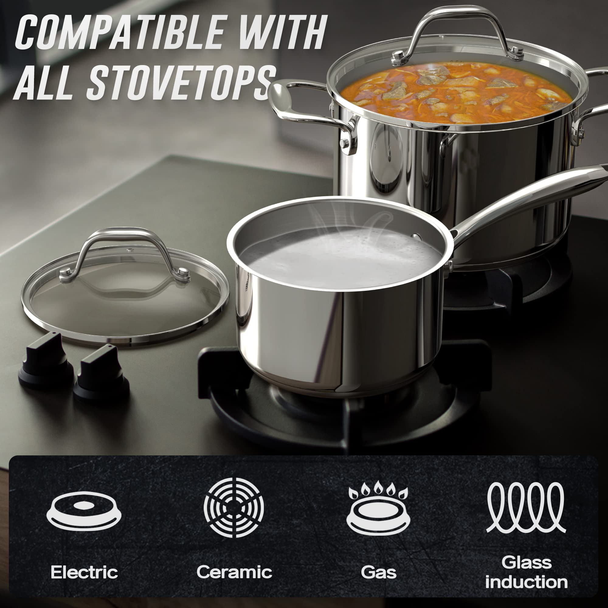 10 Piece Kitchen Cookware Set Stainless Steel Pots and Pans Set with Nonstick Frying Pans and Glass Lids