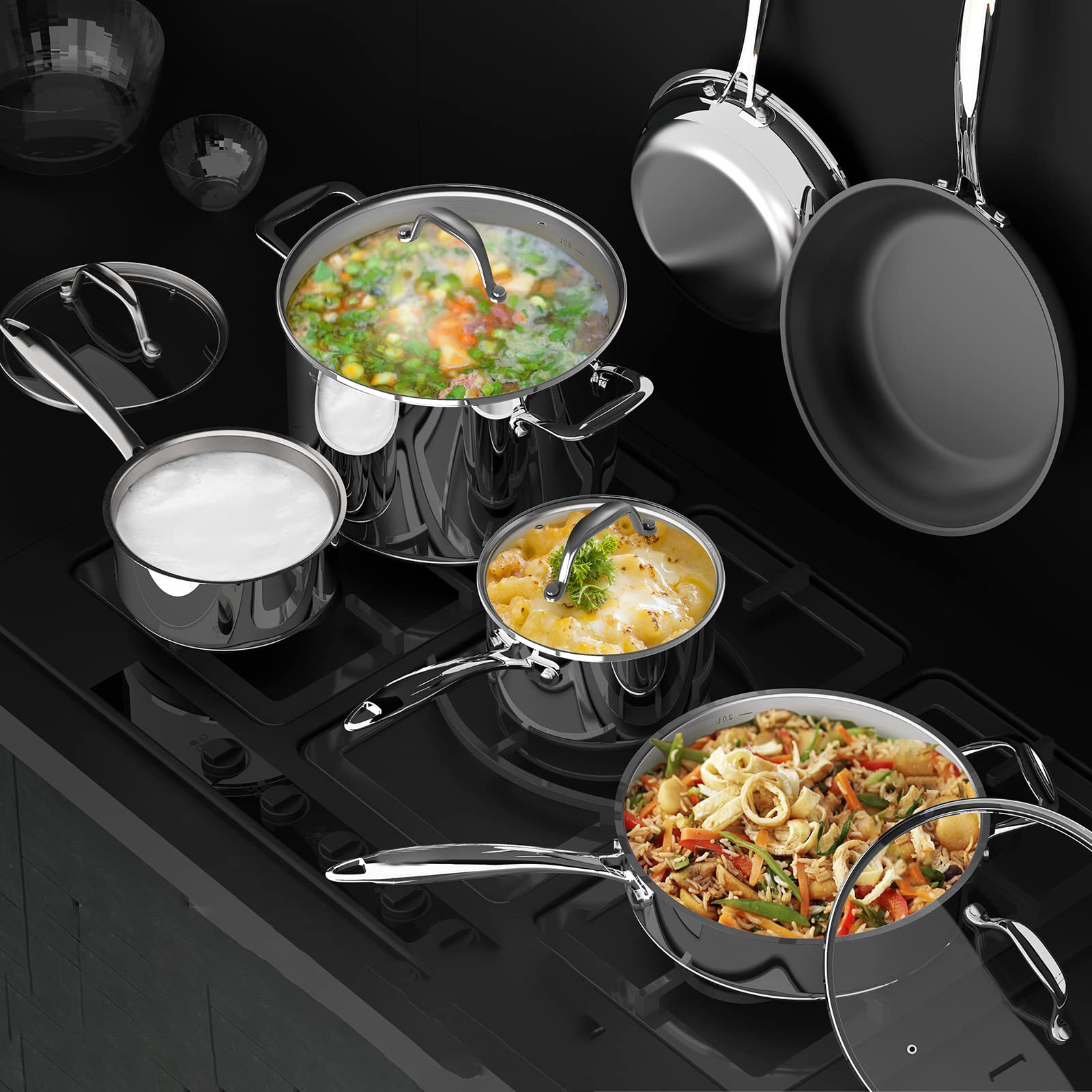 10 Piece Kitchen Cookware Set Stainless Steel Pots and Pans Set with Nonstick Frying Pans and Glass Lids