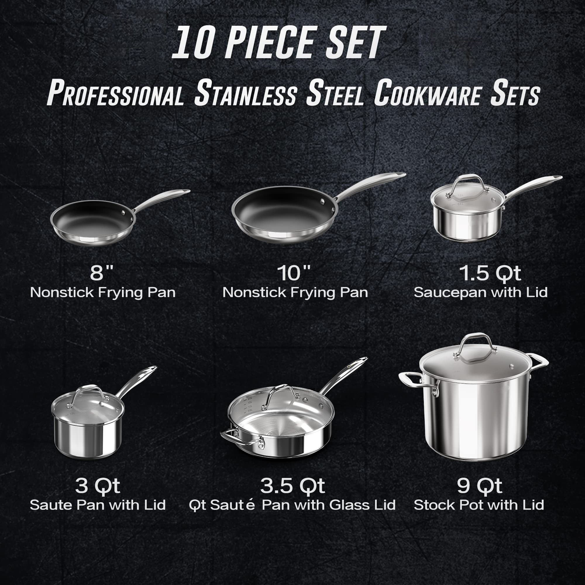 10 Piece Kitchen Cookware Set Stainless Steel Pots and Pans Set with Nonstick Frying Pans and Glass Lids