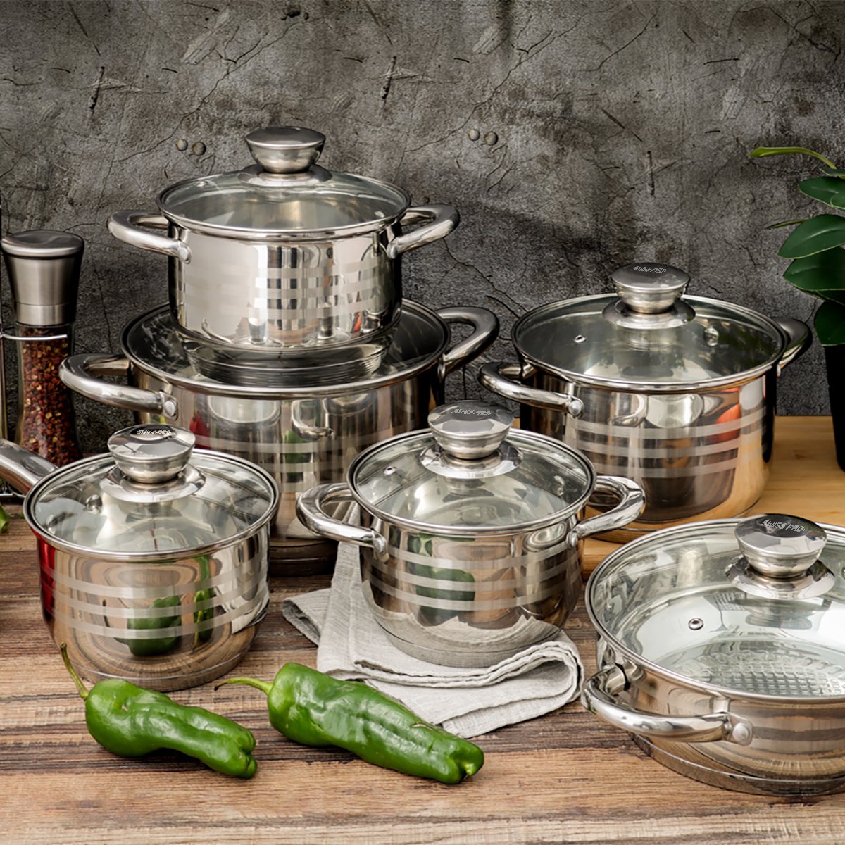 K&B stainless steel pot set soup pot frying pans casserole cookware set with glass lid