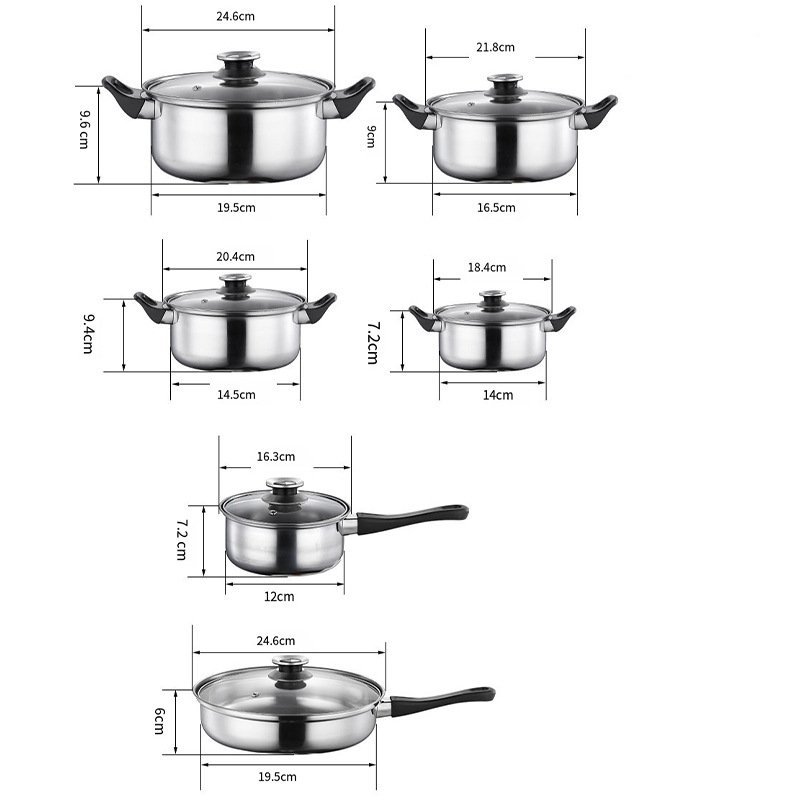 12pcs Stainless Steel Induction Kitchenware Kitchen Cooking Pots and Pans with kettle Cookware Set