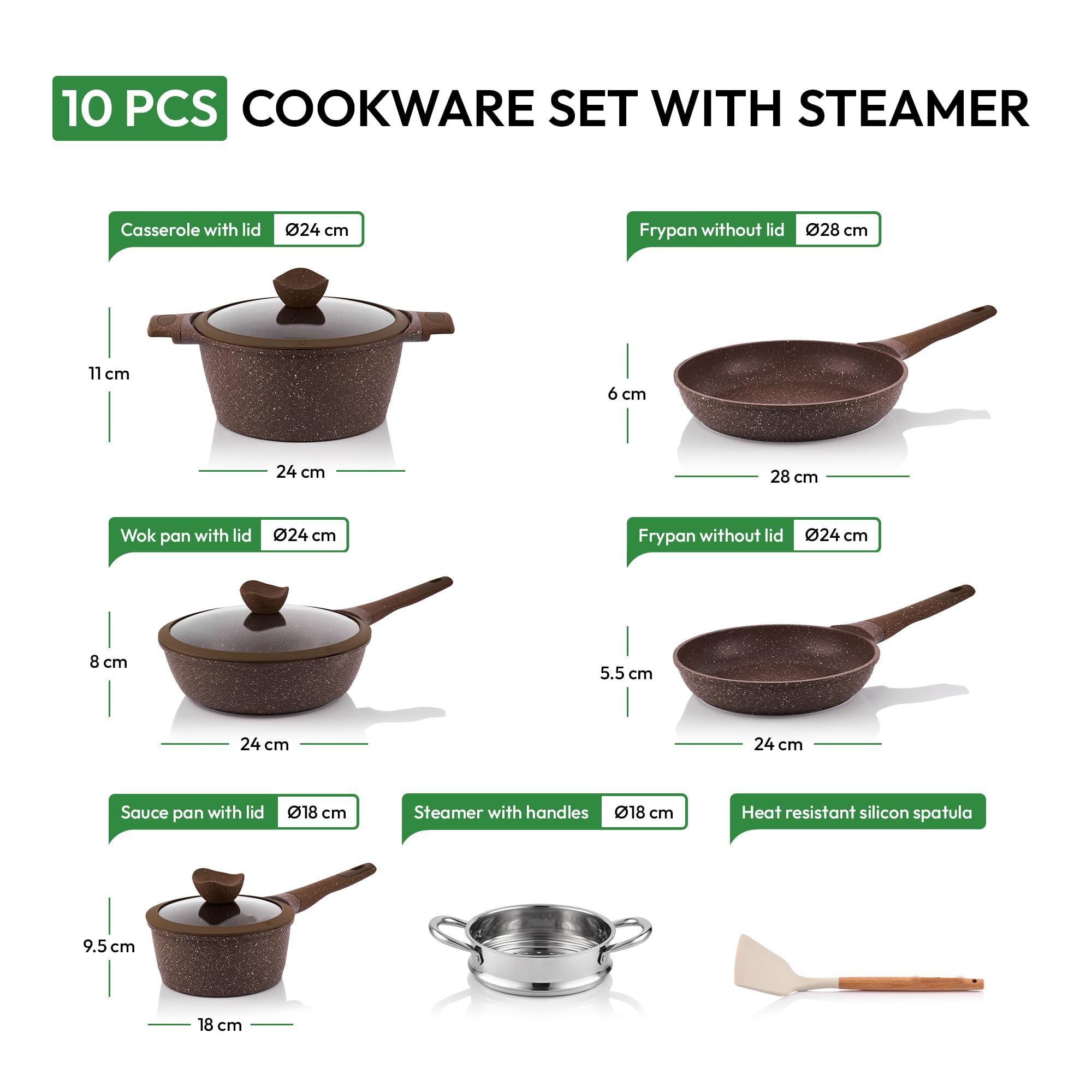 10pcs Induction Cookware Set Nonstick For All Stove 24/28 cm With Lid Without PFOA and PTFE Aluminum Granite Coated