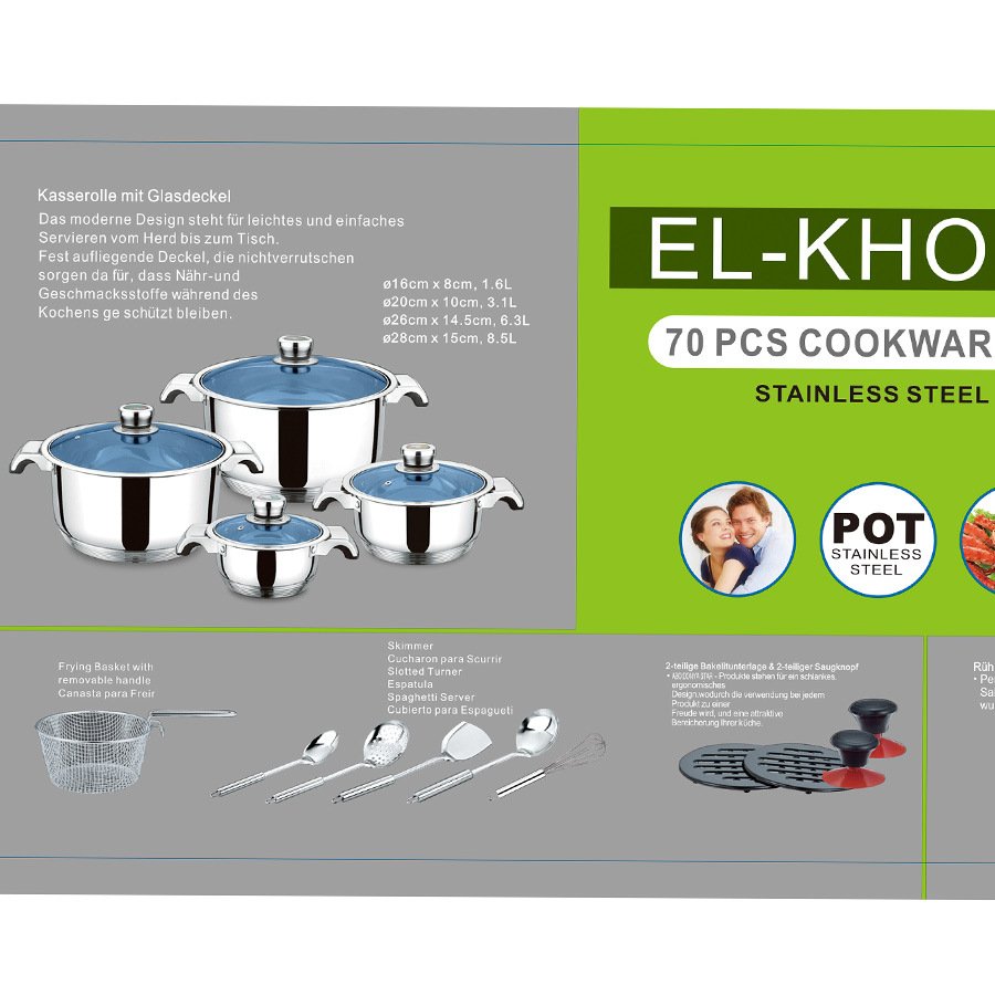 Customizable 70/100/110pcs 304/201Kitchen Cook Double Bottom cookware sets with Glass Lid Stainless Steel Cooking Pot Set