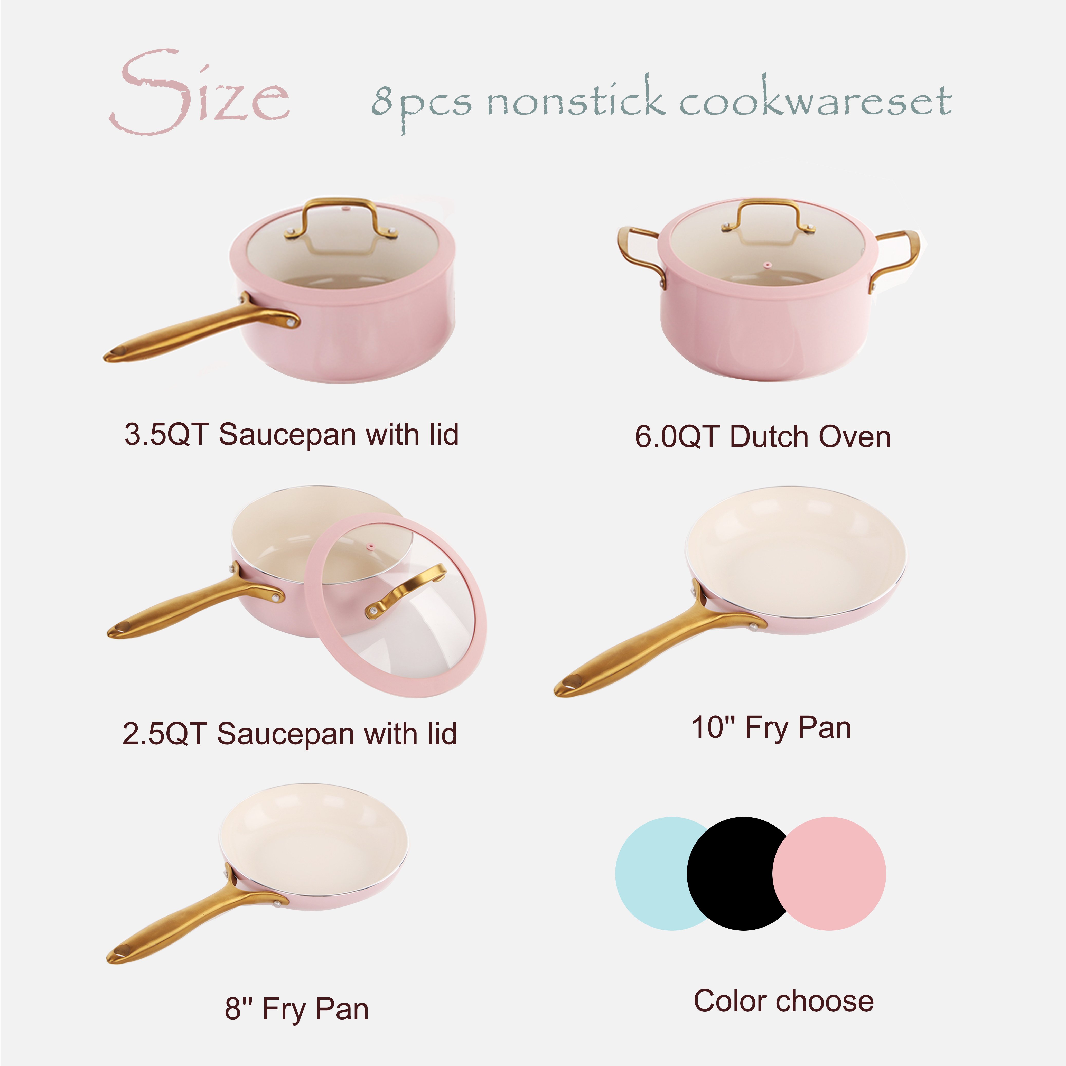 Wholesale Prestige 8PCS European Style Pink Color Non Stick Ceramic Cookware Sets with Glass Lid
