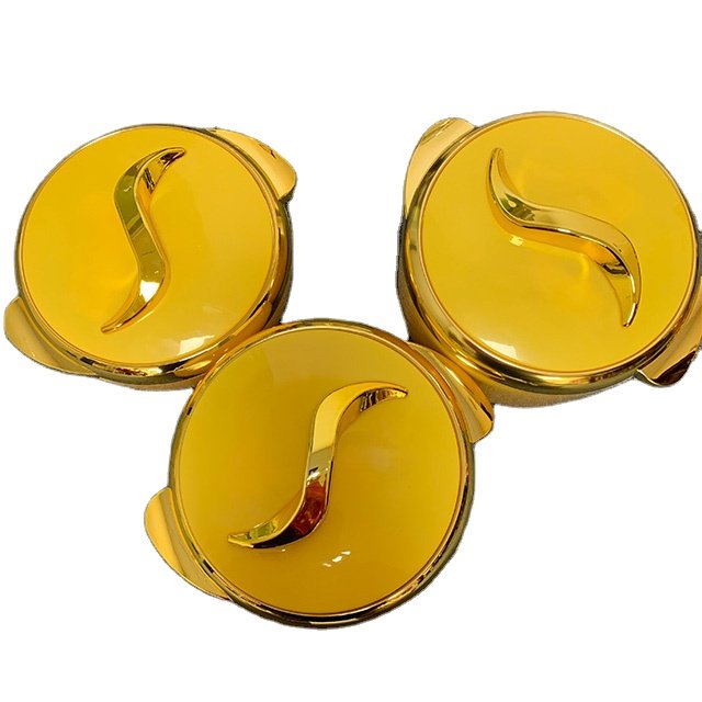 Rounded Insulated Casserole Server Hot Pot Set of 3 Gold Plated Cover Food Serving Insulated Hot Pot