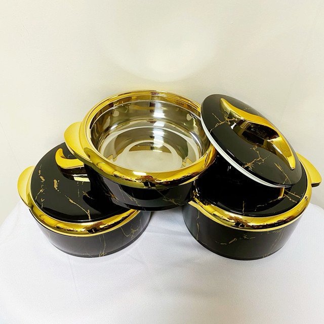 Rounded Insulated Casserole Server Hot Pot Set of 3 Gold Plated Cover Food Serving Insulated Hot Pot