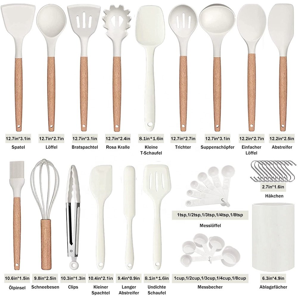 Wholesale kitchen tools gadgets accessories silicone cooking utensils kitchenware wood silicone kitchen utensils set with holder