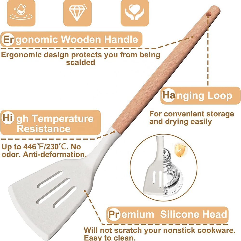 Wholesale kitchen tools gadgets accessories silicone cooking utensils kitchenware wood silicone kitchen utensils set with holder