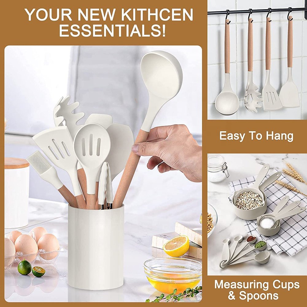 Wholesale kitchen tools gadgets accessories silicone cooking utensils kitchenware wood silicone kitchen utensils set with holder