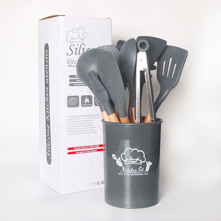 High Quality Hot Sale Sillicon Kitchen Utensils Set Wooden Kitchen Cookware Set