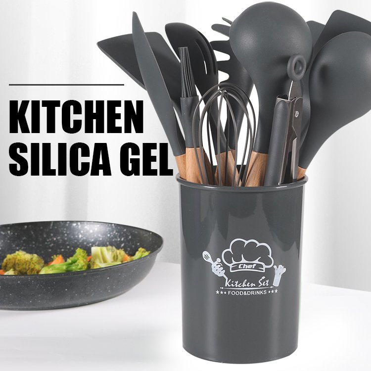 High Quality Hot Sale Sillicon Kitchen Utensils Set Wooden Kitchen Cookware Set