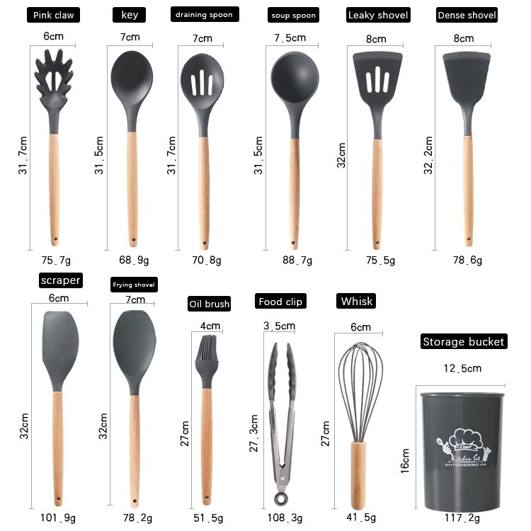 High Quality Hot Sale Sillicon Kitchen Utensils Set Wooden Kitchen Cookware Set