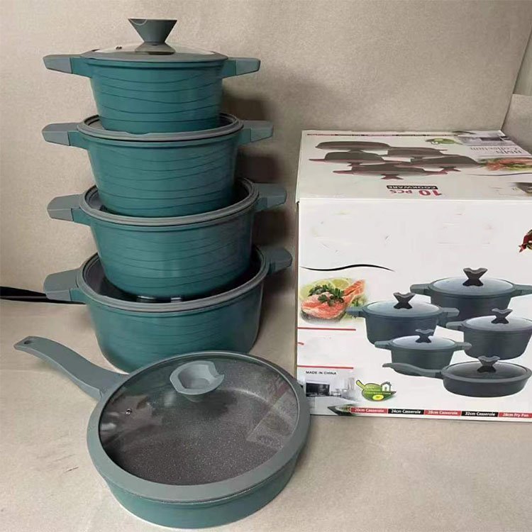 High Quality 10PCS Kitchen Cooking Set Fry Pan Aluminum Granite Nonstick Casserole Cookware Set with Silicone Glass Lid