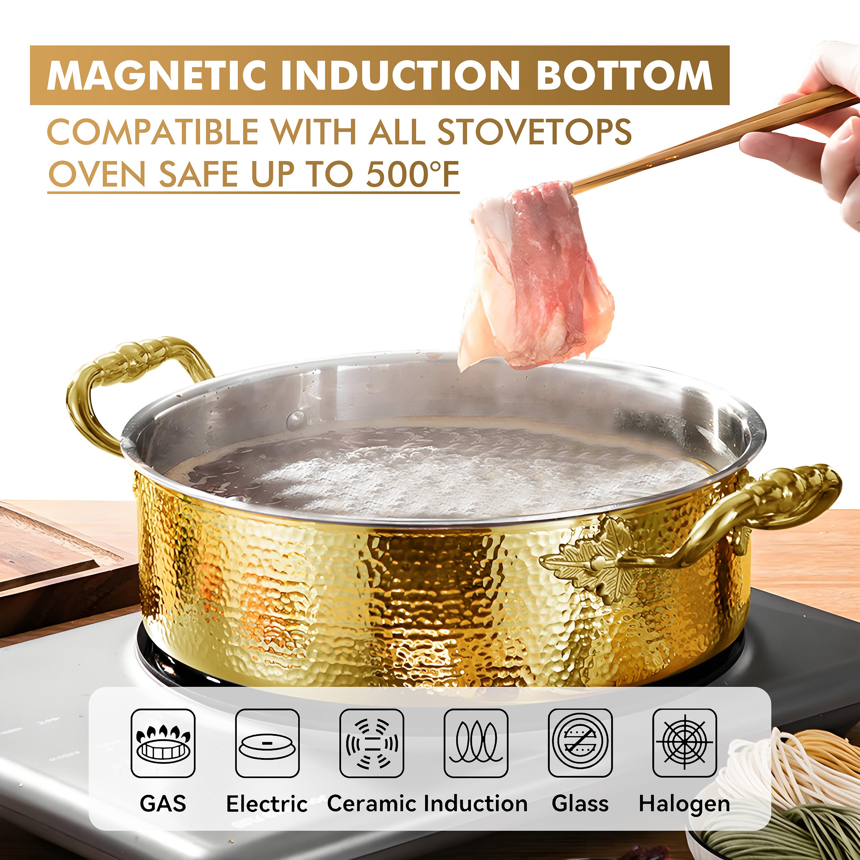Gold Color Modern Kitchenware Luxury Stainless Steel 304 Hot Pot 3 Layers Steel Cooking Pot Kitchen Cookware Set with Metal Lid