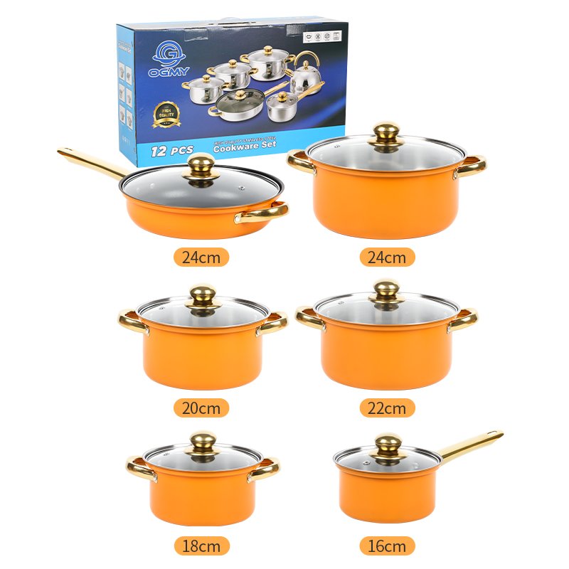 Orange pots and pans set with 12 pieces cookware sets stainless steel cooking pot ware non stick pan