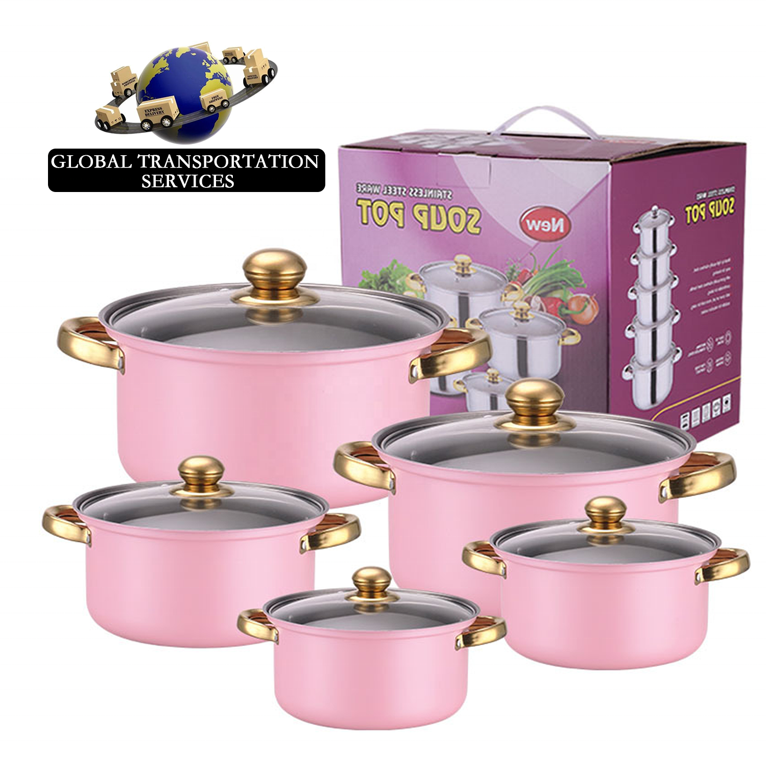 10pcs Stainless Steel Kitchen Gold handle Soup Pots Cooking Pots Milk Pots And Pans casserole Kitchen Cookware Sets