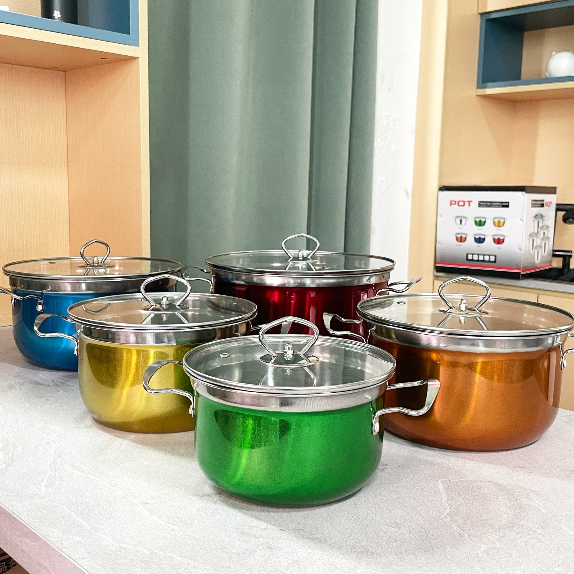 High Quality 5PCS Induction Stainless Steel Cookware Set Large Capacity Cooking Pots Cast Iron Stock Pot Kitchen Colorful Set