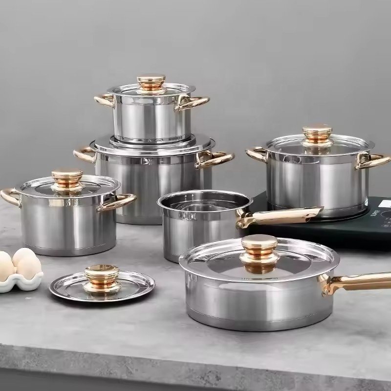 12pcs 2023 Hot Sale Nonstick Stainless Steel Cookware Set Gold Kitchen Pots Pans Sustainable Gold Pot Set Stocked