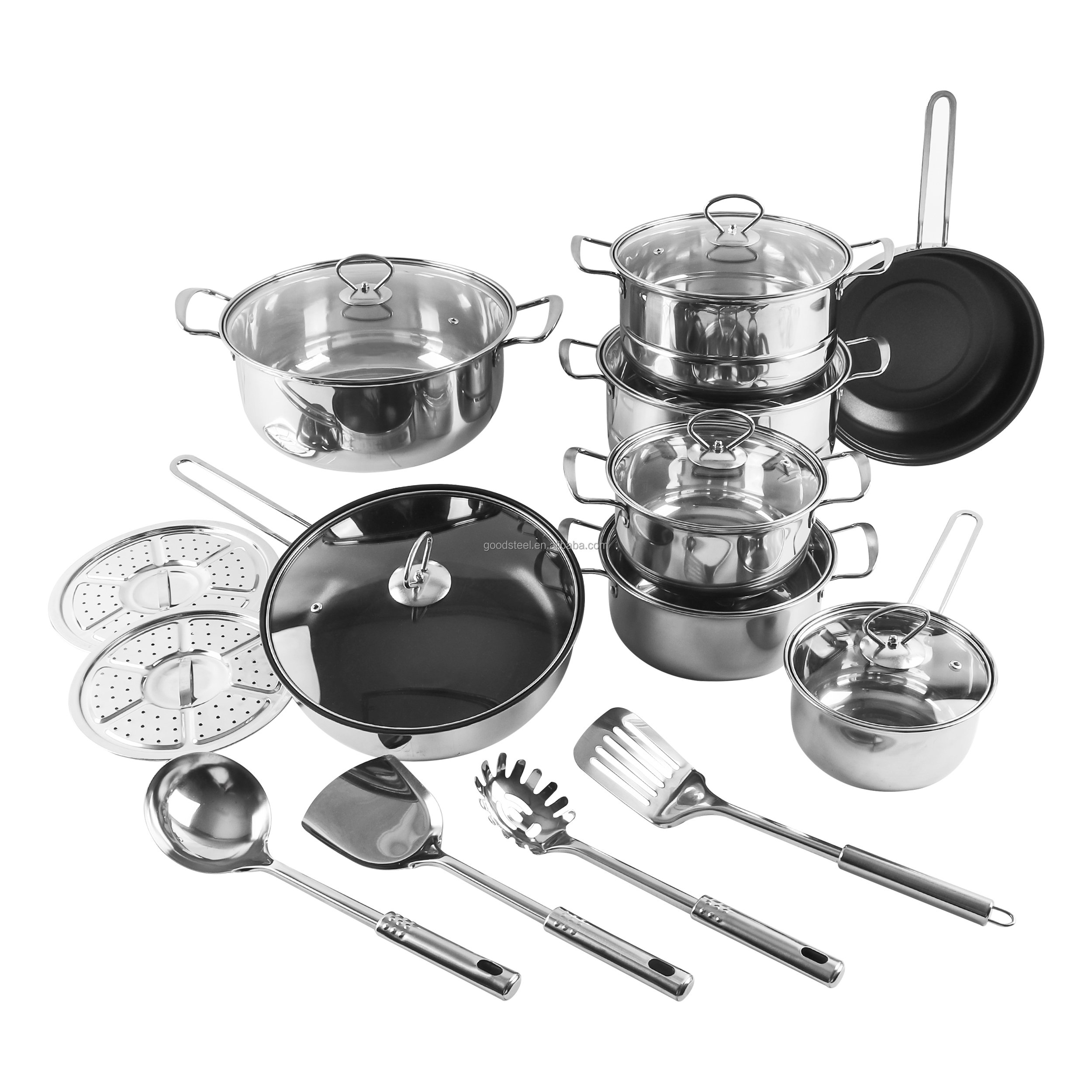 Wholesale 18-Piece Classic Stainless Steel Cookware Set Single Induction Compatible Pots Pans Kitchen Ware Utensils Dishware