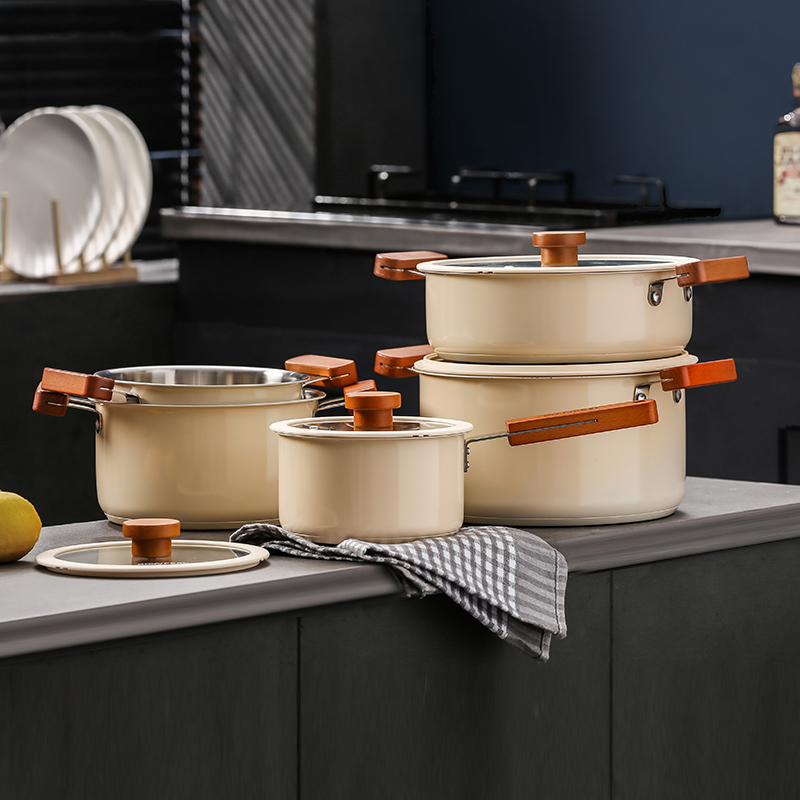 Quality OEM Custom 16Pcs Kitchen Cook Pot White Ceramic Painting Korean Wooden Handle 304 Stainless Steel Cookware Set