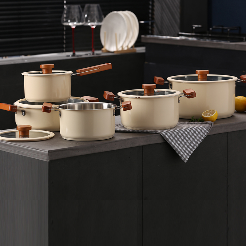 Quality OEM Custom 16Pcs Kitchen Cook Pot White Ceramic Painting Korean Wooden Handle 304 Stainless Steel Cookware Set
