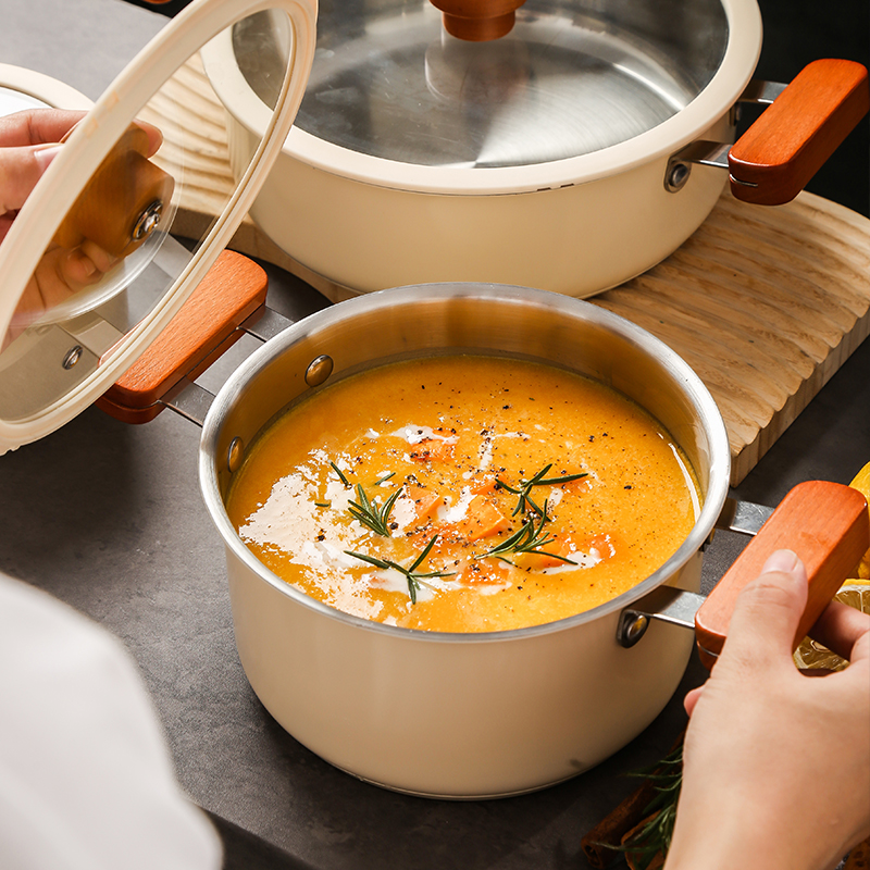 Quality OEM Custom 16Pcs Kitchen Cook Pot White Ceramic Painting Korean Wooden Handle 304 Stainless Steel Cookware Set