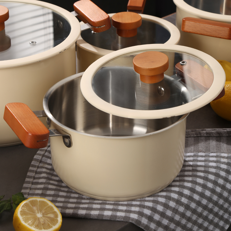 Quality OEM Custom 16Pcs Kitchen Cook Pot White Ceramic Painting Korean Wooden Handle 304 Stainless Steel Cookware Set