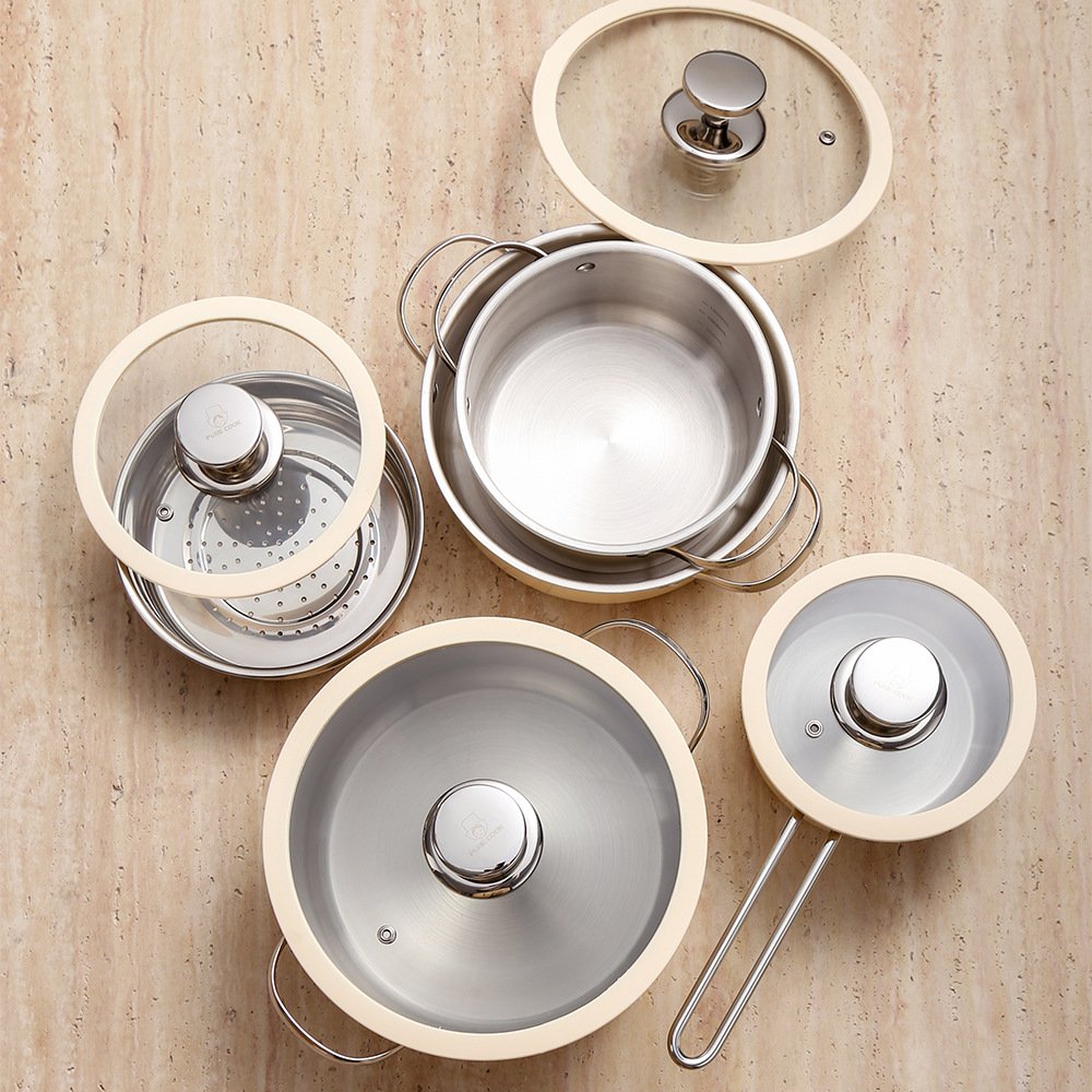 Kitchen Cook Double Bottom cookware sets with Glass Lid Stainless Steel Cooking Pot Set