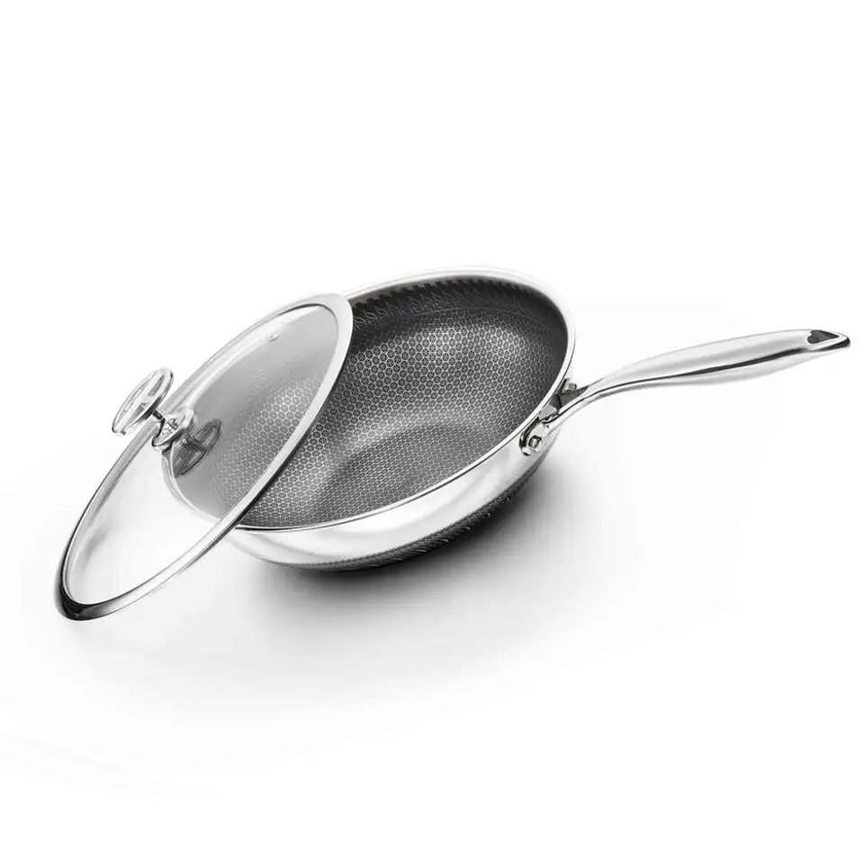 New Design High Quality Commercial 32/36/38cm 3-ply Stainless Steel Honeycomb Wok Pan Non Stick Wok with Glass Lid
