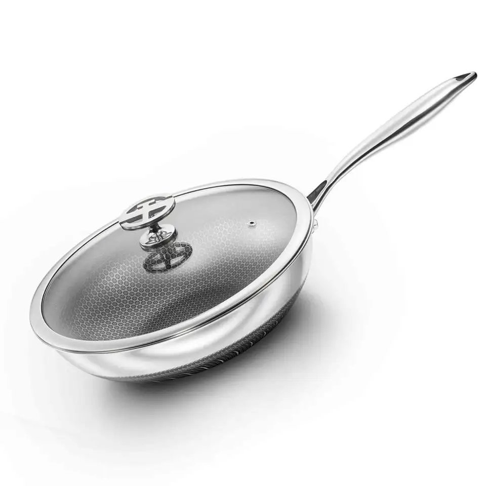 New Design High Quality Commercial 32/36/38cm 3-ply Stainless Steel Honeycomb Wok Pan Non Stick Wok with Glass Lid