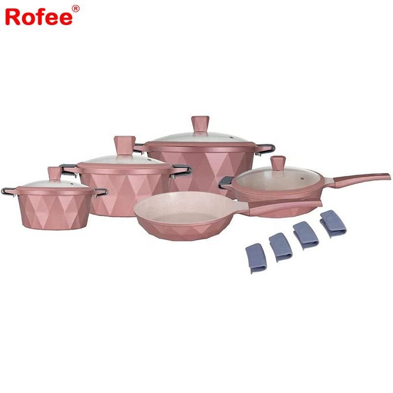 New 16pcs Pink Non-Stick Diamond Cookware Set Aluminum Pot Set Large Capacity Cookware Set
