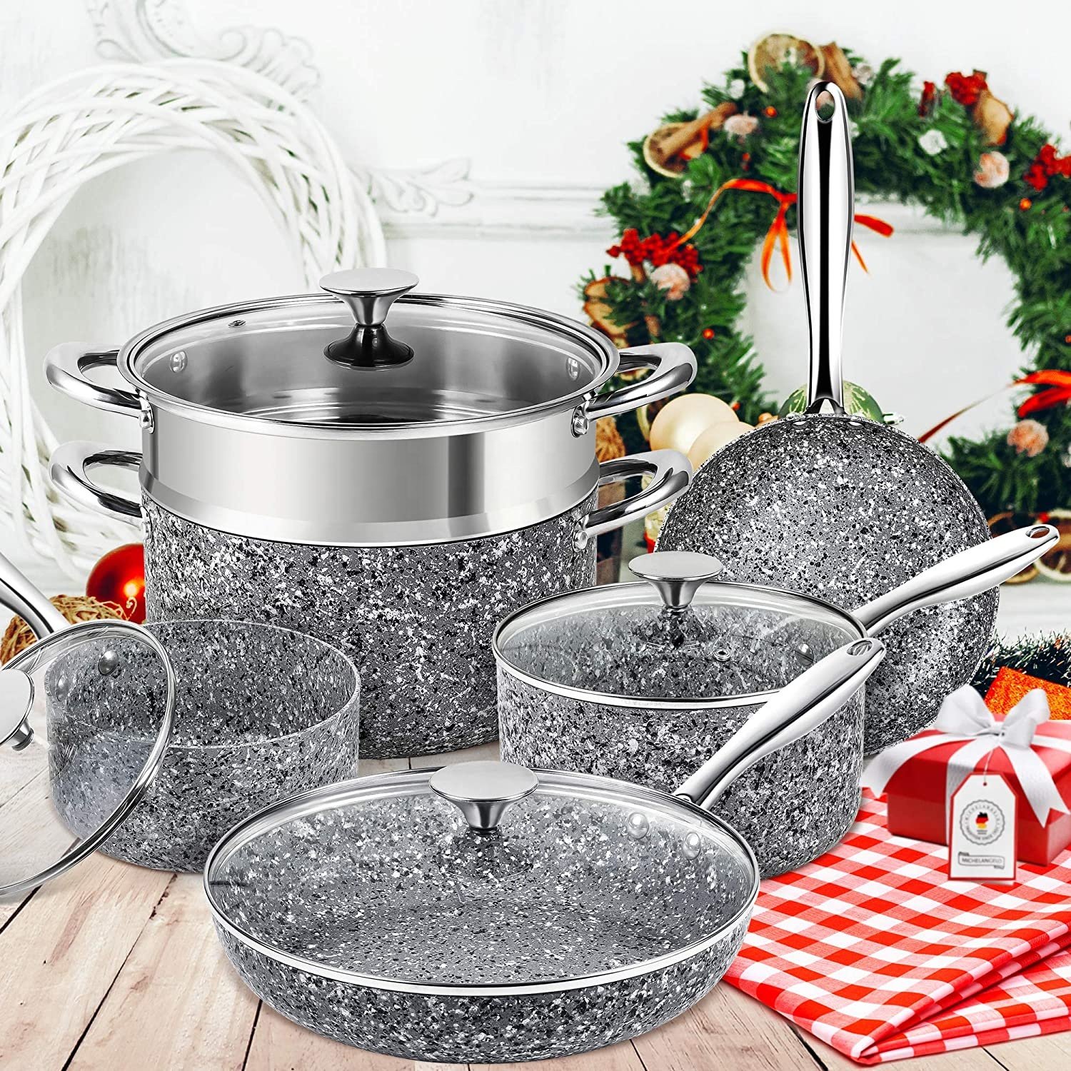10pcs Non Stick Cookware Set Granite Coating Aluminum Casseroles and Pans with SS Handle